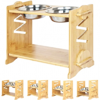  Natural Bamboo Elevated Dog Cat Food and Water Bowls Stand Feeder with 2 Stainless Steel Bowls and Anti Slip Feet	