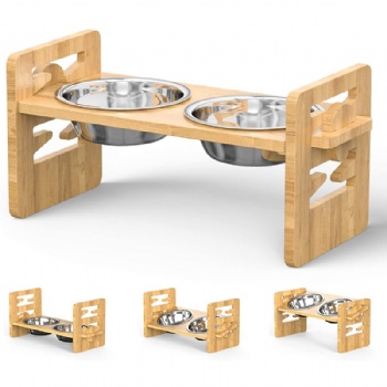  Natural Bamboo Elevated Dog Cat Food and Water Bowls Stand Feeder with 2 Stainless Steel Bowls and Anti Slip Feet	