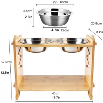  Natural Bamboo Elevated Dog Cat Food and Water Bowls Stand Feeder with 2 Stainless Steel Bowls and Anti Slip Feet	