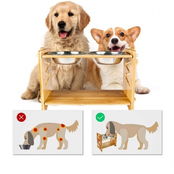  Natural Bamboo Elevated Dog Cat Food and Water Bowls Stand Feeder with 2 Stainless Steel Bowls and Anti Slip Feet	